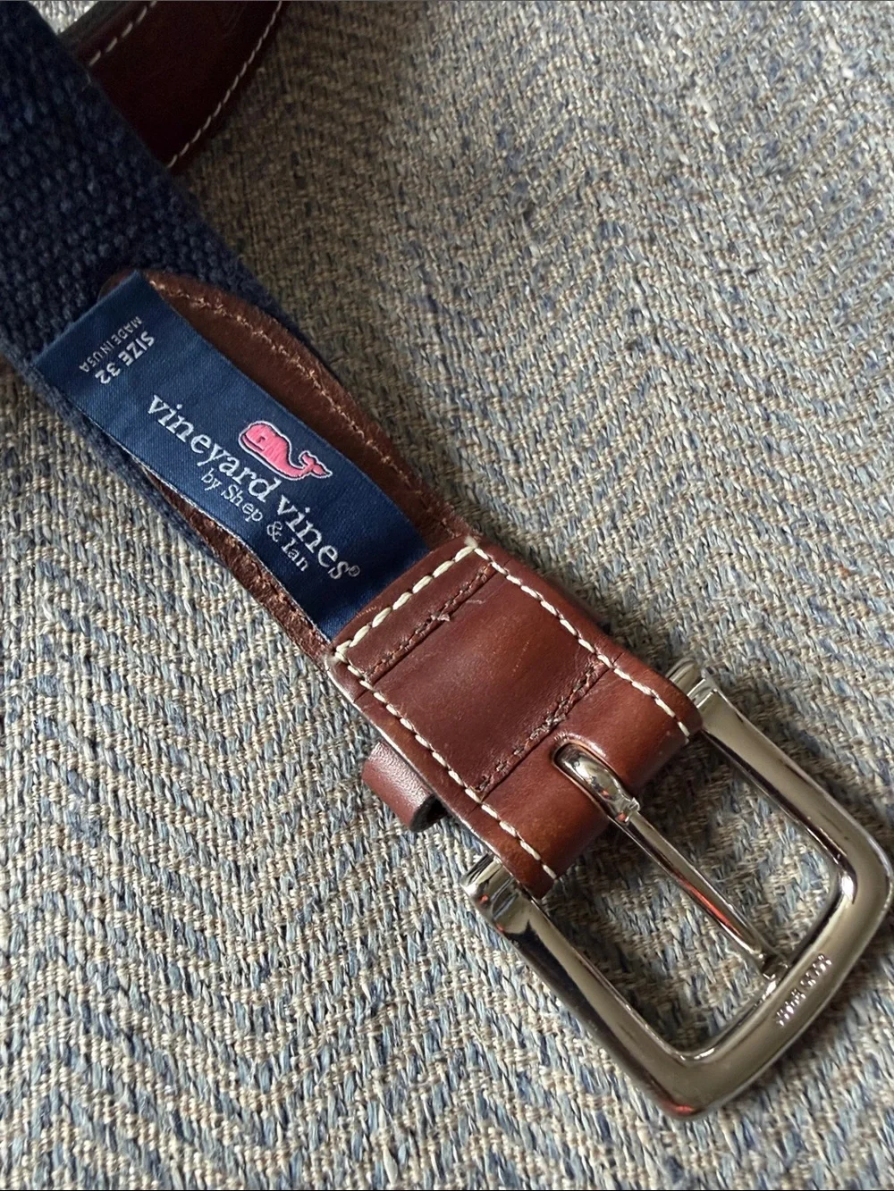 Vineyard Vines Men’s Blue/White Car 🚙 Canvas/Leather Belt Size: 32